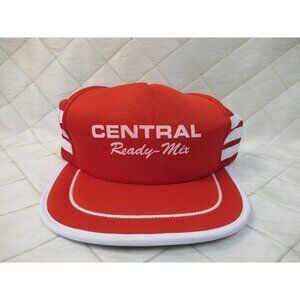 Central Ready Mix Trucker Hat 3 Stripe Snapback Red White Mesh Vtg Nylon 80s